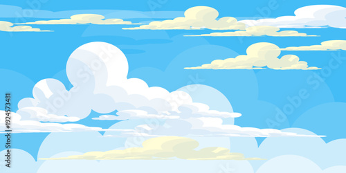 Illustration of a blue sky with white clouds in a flat style. Blue sky background and white clouds. Cartoon sky	