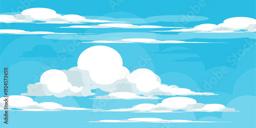 Illustration of a blue sky with white clouds in a flat style. Blue sky background and white clouds. Cartoon sky	