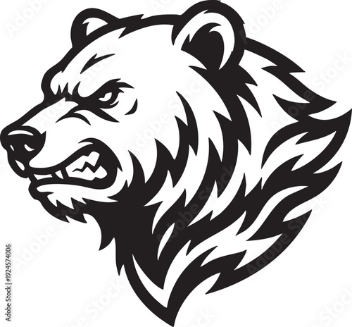 A fierce grizzly bear head in a striking black and white vector art design, exuding raw power and untamed wilderness, perfect for projects needing a touch of untamed energy.