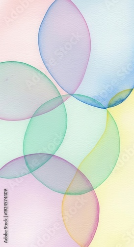 Intersecting translucent shapes display soft pastel colors upon textured paper