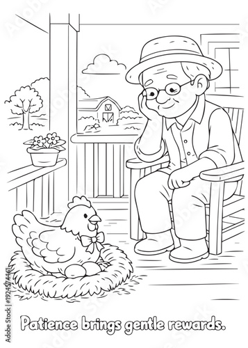 coloring book grandfather sitting by the hen to watch over new chicks