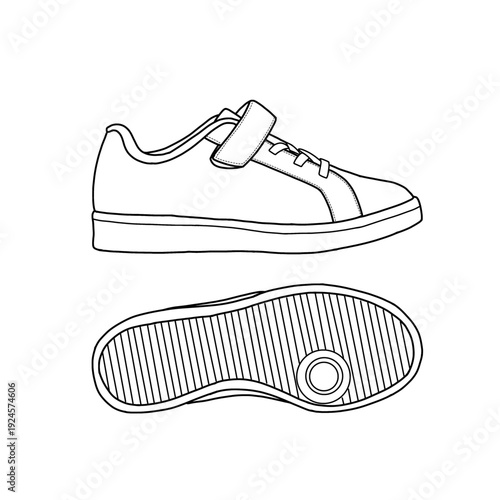 A simple black and white outline drawing of a sneaker with a velcro strap and a detailed view of the sole. Vector line art. Isolated on a white background