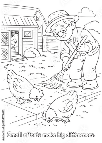 coloring book  grandfather sweeping the yard to keep the farm neat