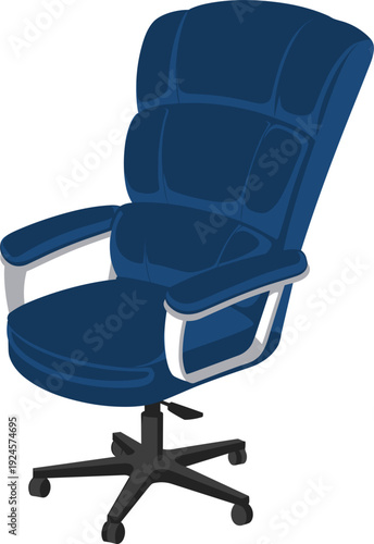Modern dark blue ergonomic office chair with padded high backrest and armrests on white background, adjustable swivel seating for workspace comfort