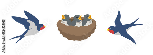ツバメと巣のイラスト｜春の渡り鳥フラット素材