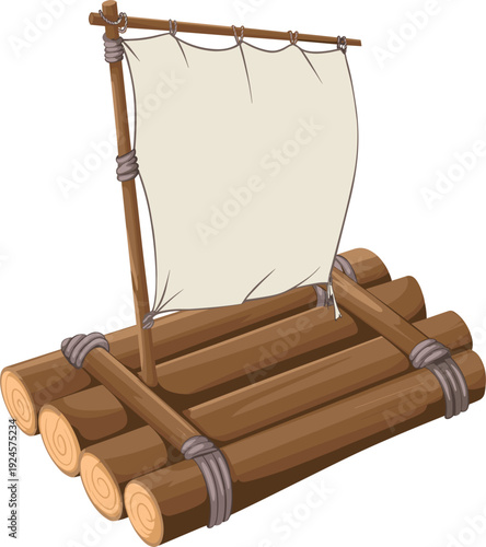 Wooden log raft with fabric sail isolated on white background, primitive water transport vessel, cartoon vector illustration of traditional floating boat design