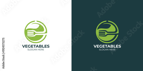 Abstract green circular emblem featuring a stylized fork and organic leaf motif, representing healthy eating, fresh produce, and natural food brands for a vibrant identity