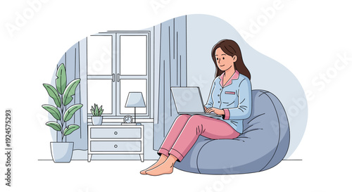 Cozy Remote Work: Young Woman in Pajamas Using Laptop on Beanbag at Home, Blending Comfort and Productivity