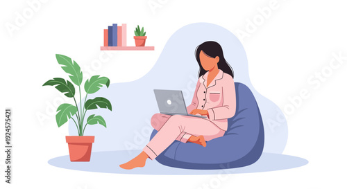 Remote Work Comfort: Woman in Pajamas Using Laptop on Bean Bag at Home