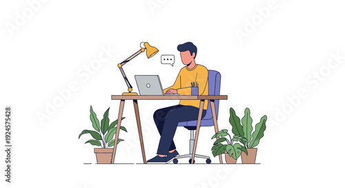 Man Working Remotely on Laptop in Home Office with Plants. Online Communication, Productivity & Flexible Workspace Flat Vector Illustration.