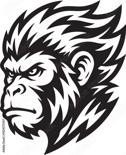 A powerful monochrome image of a gorilla head showcases bold lines and a fierce gaze, evoking the raw strength and untamed spirit of the wild.