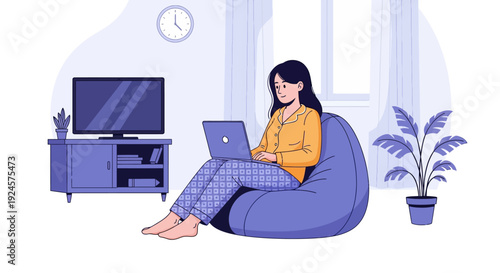 Relaxed Woman Working from Home on Laptop in Pajamas on Bean Bag Chair. Cozy Remote Work or Leisure Illustration.