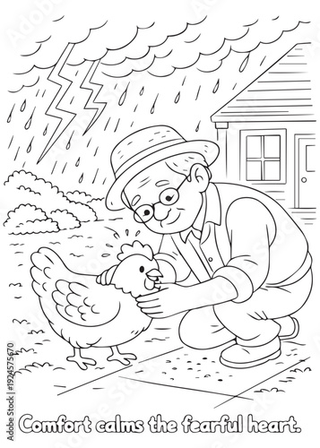 coloring book grandfather sheltering a frightened hen from rain