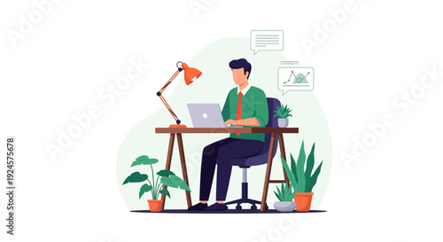Productive Man Working Remotely on Laptop in Modern Home Office with Plants