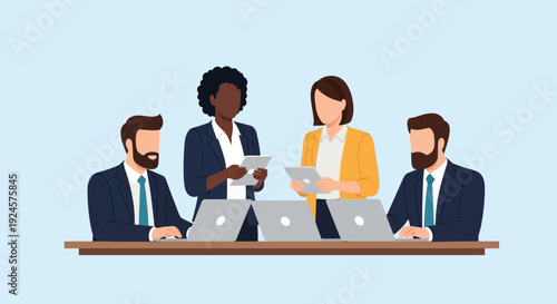 Diverse Business Professionals Collaborating in Modern Office Meeting with Digital Devices