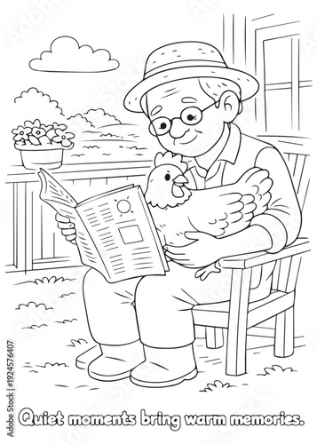 coloring book grandfather reading while holding a warm chick on his lap