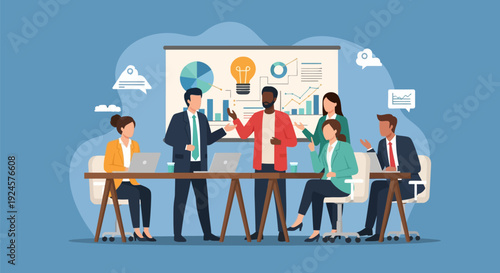 Diverse Business Team Brainstorming Strategy & Analyzing Data in Collaborative Meeting with Charts and Innovation Lightbulb