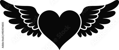 Elegant Black Heart Silhouette with Majestic Spread Angel Wings Featuring a Romantic Love Symbol for Valentine Day Designs Isolated on Clean White Background