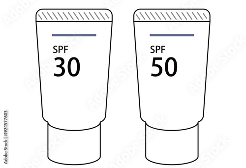 Two Sunscreen Tubes Showing SPF 30 and SPF 50, Sun Protection Comparison for Skincare Routine, UV Shield Lotion Packaging Concept Illustration for Summer Travel and Outdoor Use