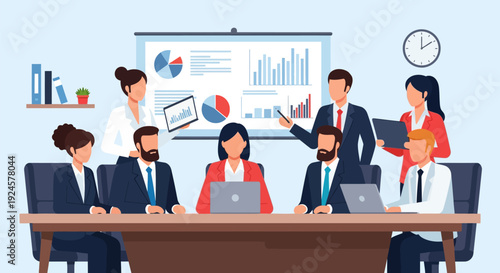 Business Team Meeting Presentation. Diverse Professionals Collaborating on Data Analysis, Strategy, and Financial Growth in a Corporate Office Environment.