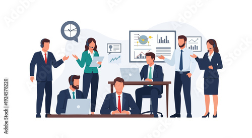 Dynamic Business Team Collaboration, Customer Support & Data Analysis in a Modern Office