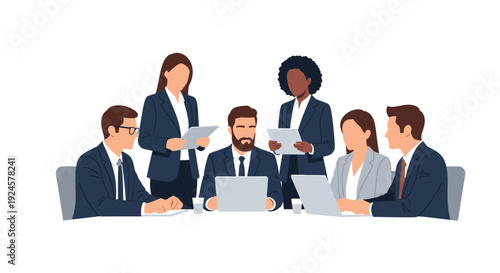 Diverse Business Professionals Team Meeting and Collaboration. Flat Vector Illustration of Corporate Teamwork and Discussion.