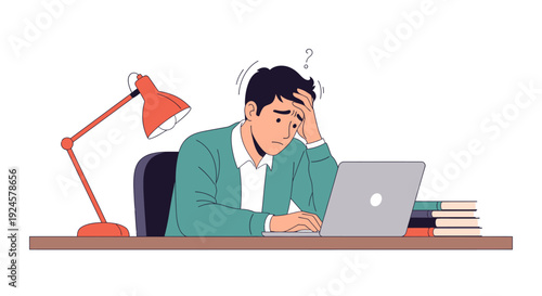 Stressed Man at Laptop with Question Mark: Overwhelmed by Work Problem, Study Confusion, or Mental Strain. Business Challenge and Burnout Concept.