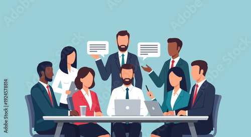 Diverse Business Team Meeting: Professionals Collaborating, Discussing Ideas & Strategy with Speech Bubbles - Corporate Teamwork Concept