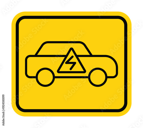 Warning Sign Featuring Electric Car with High Voltage Symbol in Yellow Background