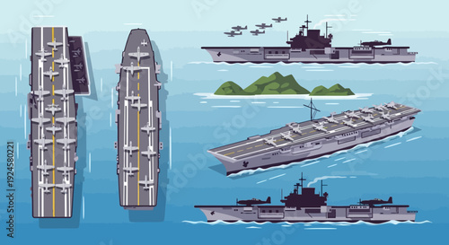 Various detailed isometric and top-down views of modern aircraft carriers at sea with fighter jets flying above and parked on their decks.