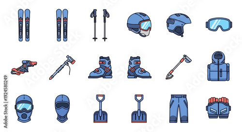 Collection of essential winter sports equipment and gear for skiing, snowboarding, and mountaineering, including helmets, skis, boots, and safety tools.