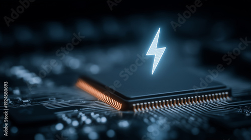 Lightning symbol above microchip representing power management energy technology and electronic performance.
