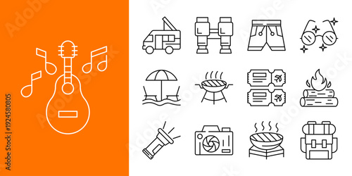 Set of Camping, Travel, and Outdoor Adventure Outline Icons Essentials for Summer Holidays, Recreation, and Leisure Activities