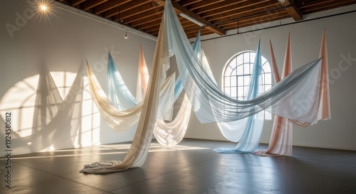 Flowing sheer fabrics create a dramatic, colorful installation suspended within a bright contemporary room