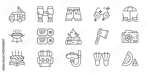 Collection of Camping and Outdoor Recreation Icons for Travel and Leisure Activities