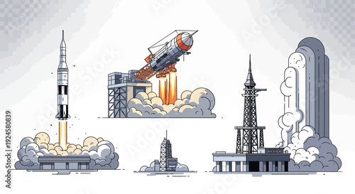 Illustrations depicting various rocket launches and space exploration vehicles lifting off from different launchpads with smoke and fire.