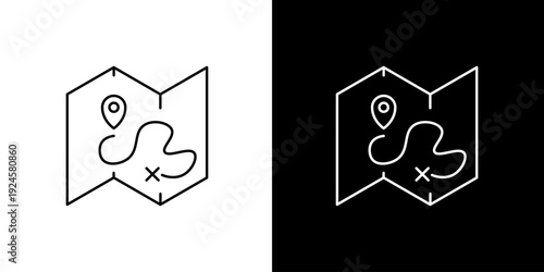 Abstract route map icon with location pins and route line on white and black backgrounds