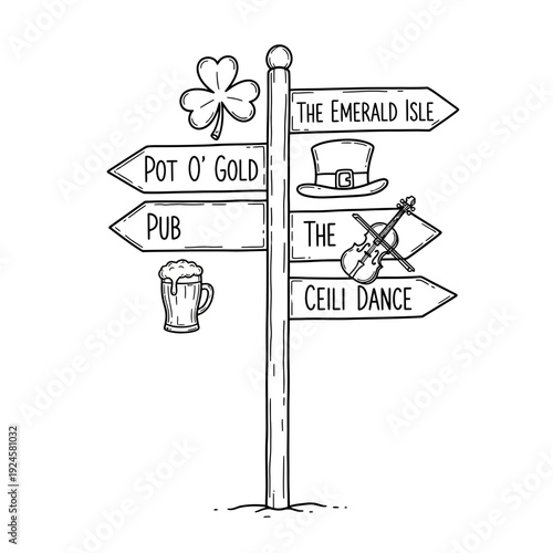 Signpost with Irish Cultural Symbols.