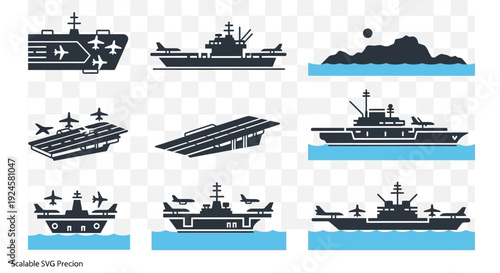 A collection of detailed vector silhouettes depicting various aircraft carriers and naval vessels in different configurations, suitable for military and transport themes.