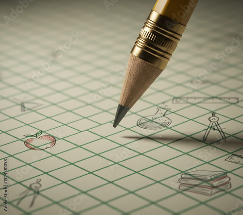 Pencil sketching on graph paper with various simple stick figures and shapes drawn around the tip