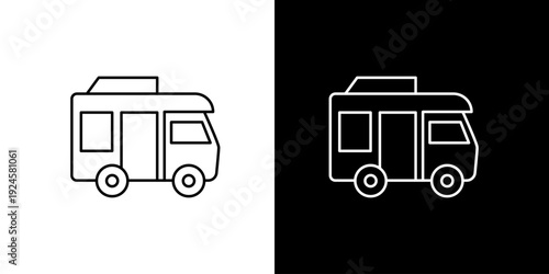 Simple line art icon of a caravan on a white and black background, easy to use for travel and camping themes