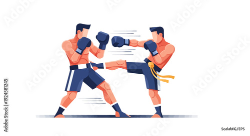 Two male kickboxers in a dynamic fight scene, one delivering a powerful kick while the other prepares to block, depicted in a modern vector illustration style.