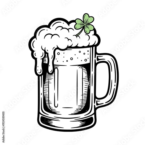 Beer Mug with Shamrock Illustration.