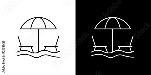 Beach scene with umbrella and chairs icon on white and black backgrounds, simple vector illustration
