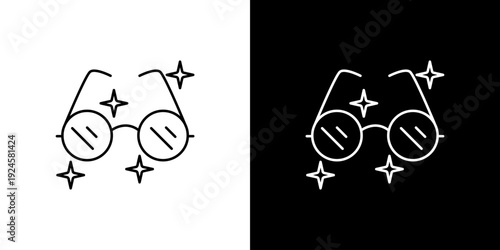 Vector icon illustration of round eyeglasses with sparkling highlights on black and white backgrounds