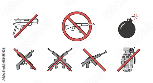 Icons depicting various firearms and explosives, with most weapons crossed out by red prohibition signs, symbolizing a ban on weapons.
