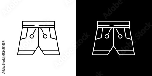 Clean vector line art icon illustration of casual athletic shorts or swim trunks, perfect for summer, beach, sport, and leisure activities, isolated design element