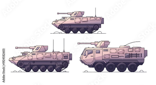 Stylized illustration of three different military armored vehicles, including tracked and wheeled designs, equipped with turrets and cannons.