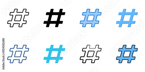 Hashtag icons set multiple style collection. Editable stroke 
