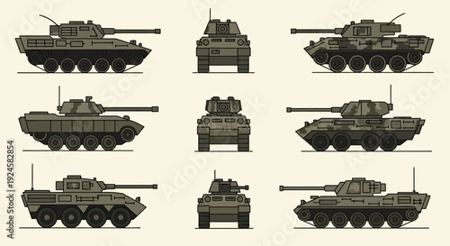 Pixel art collection of various military tanks and armored vehicles from different perspectives and types, showcasing combat technology.
